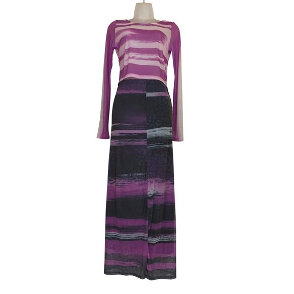Sheer Purple Stripe Long Sleeve Top & Maxi Skirt Set Large Sexy Sheer Y2k Club - Picture 1 of 6
